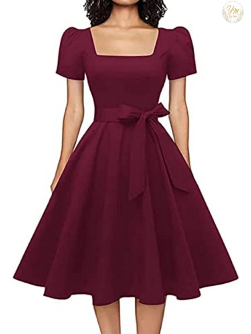 Womens Square Neck Cocktail Dress Ruffle Sleeve Two Pockets A-Line Formal